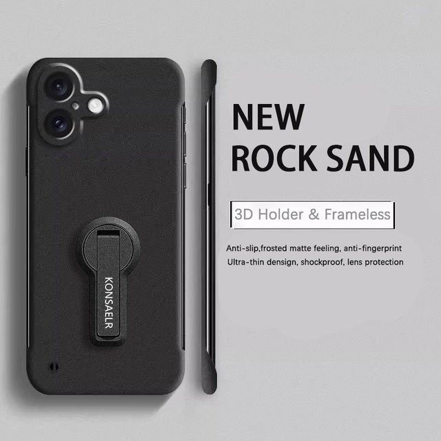 LYYDFUMAN Rock Sand Handyhülle mit mattem Frost-Finish und integriertem Drehbarer Halter für iPhone 17 Air 16 16E 15 14 Plus 13 12 Mini 11 Pro XR XS Max in Schwarz - Bild 1