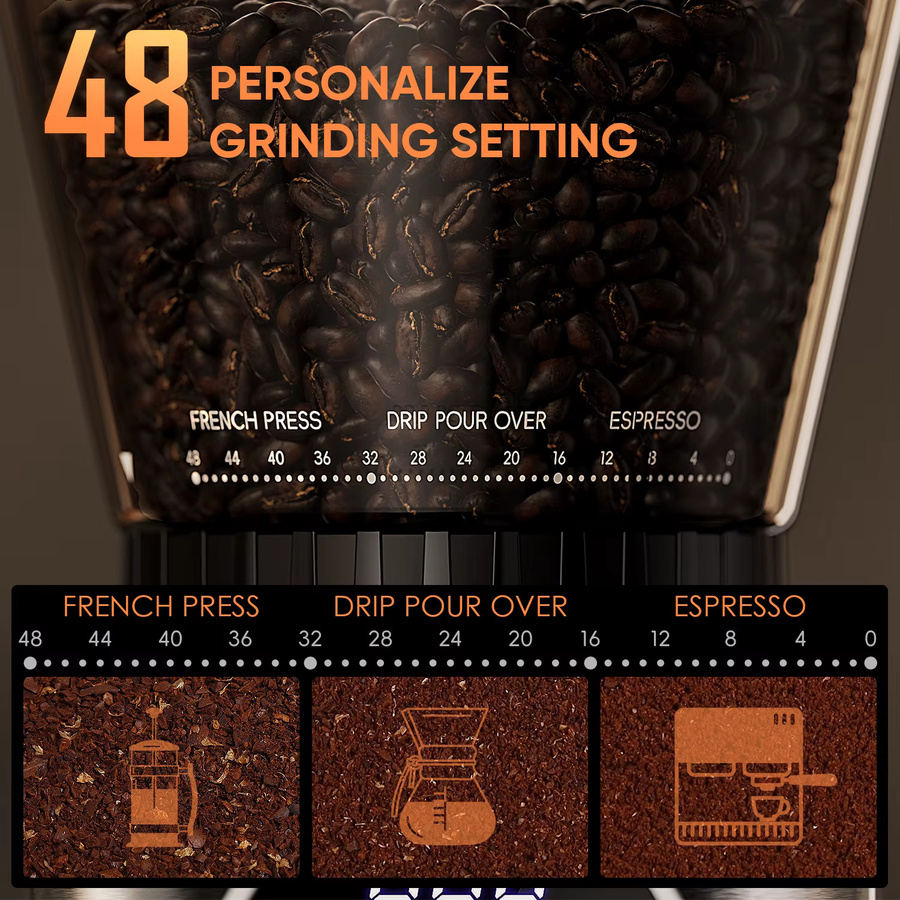 BioloMix Elektrische Kaffeemühle CG210 aus Edelstahl in Silber mit 48 Mahleinstellungen für Espresso und American Coffee - Bild 3