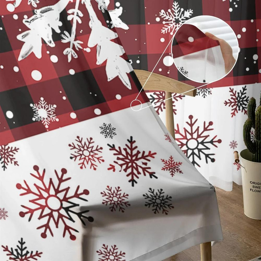 Yiran Furniture Weihnachtsvorhang mit Schneeflocken-Plaid-Garn, transparenter Tüll-Voile-Vorhang für Wohnzimmer und Küche, B: 135 cm, H: 115 cm - Bild 2