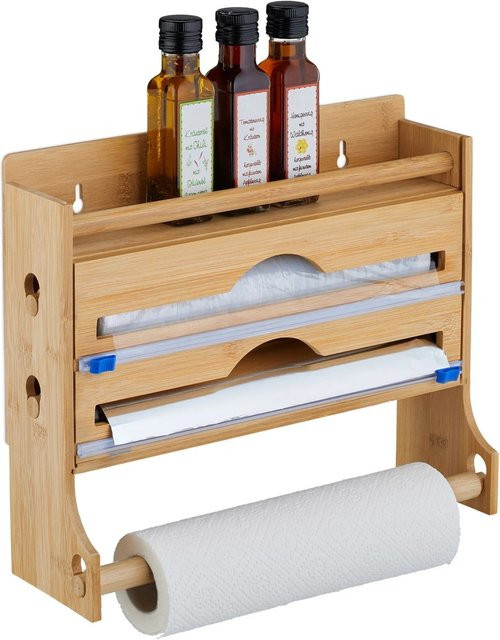 Relaxdays Wandrollenhalter aus Bambus in Natur mit Schneider, B/T/H: 30,5 x 36,5 x 12 cm - Bild 1