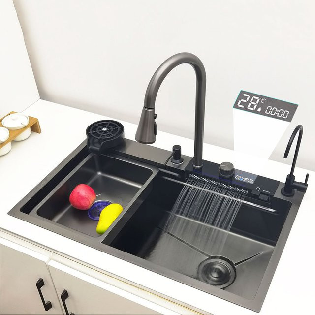 CKWS LED-Wasserfall-Küchenspüle aus 304 Edelstahl mit Multifunktions-Wasserfallarmatur für die Aufsatzmontage - Bild 1