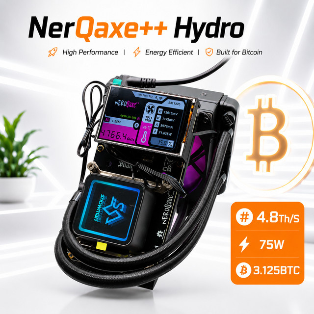 NerdQaxe++ Hydro Bitcoin Solo Lottery Miner mit BM1370 Chip, 4,8-6TH/s, 75W, 3,5-Zoll-Bildschirm, Schwarz - Bild 1