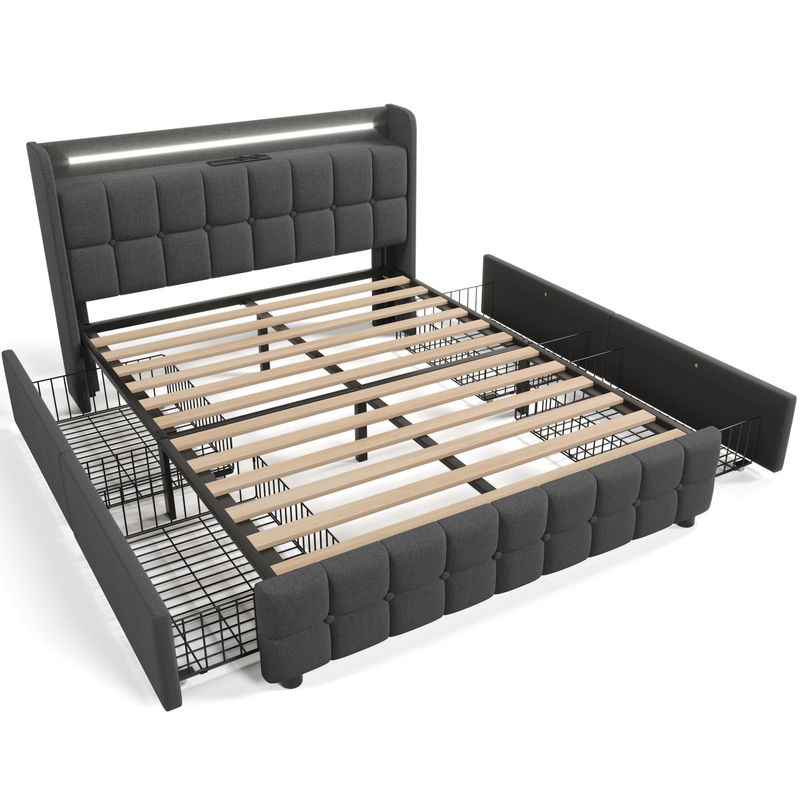 Modernes Doppelbett von Aosom mit LED-Beleuchtung, USB-Ladegerät und Schubladen in Grau, B/T: 140 x 200 cm - Bild 2