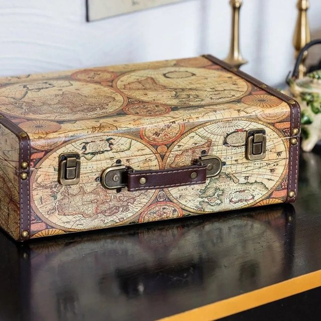 HMF Vintage Koffer Truhe aus Holz mit Weltkarte Design, B/T/H: 44 x 32 x 16 cm, Bunt - Bild 1