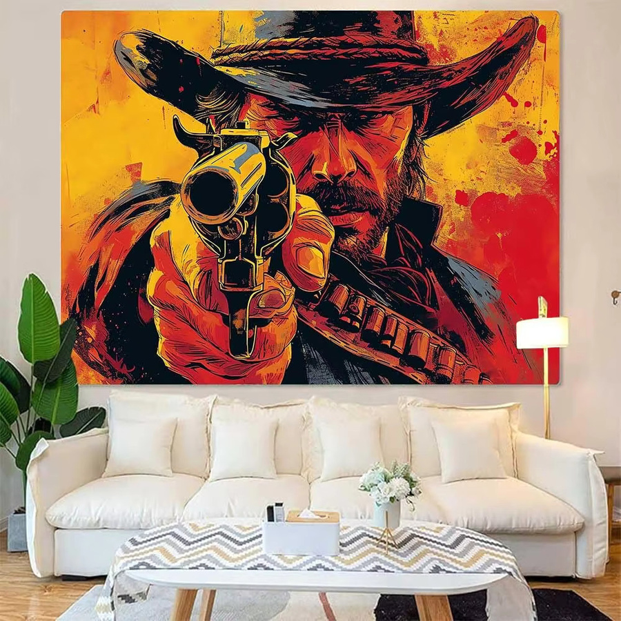 VIKAMA Western Gunslinger Wandteppich im Retro-Ölgemälde-Stil, Mehrfarbiger Wandbehang für Wohnzimmer und Kinderzimmer - Bild 2
