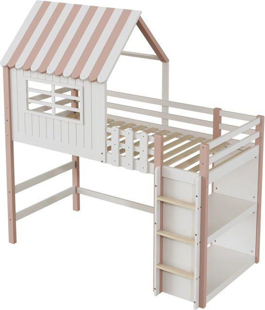 KOMHTOM Kinder Hochbett aus Massivholz mit Dachform und Sicherheitsleiter in Rosa, B/T/H: 90 x 200 x 176,5 cm - Bild 1