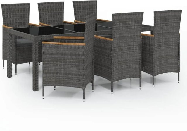 vidaXL 7-tlg Garten-Essgruppe aus Poly Rattan mit Hartglas-Tischplatte und Auflagen in Schwarz und Grau - Bild 1