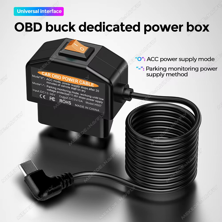NaviFly Auto-OBD-Stromkabel mit Niederspannungsschutz und Schalter für Dashcam und DVR in Schwarz, Kabellänge: 35 cm - Bild 2
