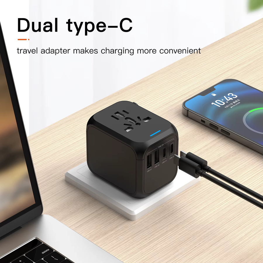 HKLAMIN Universeller Reiseadapter mit 2 USB-A und 2 USB-C Anschlüssen für Schnellladung, Internationaler All-in-One Stromadapter in Schwarz - Bild 3