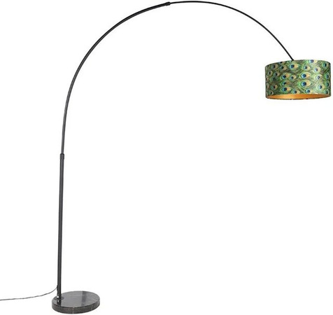QAZQA Botanische Bogenlampe im Art-Deco-Stil mit Samtschirm und Marmorfuss, dimmbar, Höhe: 248 cm, Farbe: Multicolour (Schwarz, Gold, Blattgrün)
