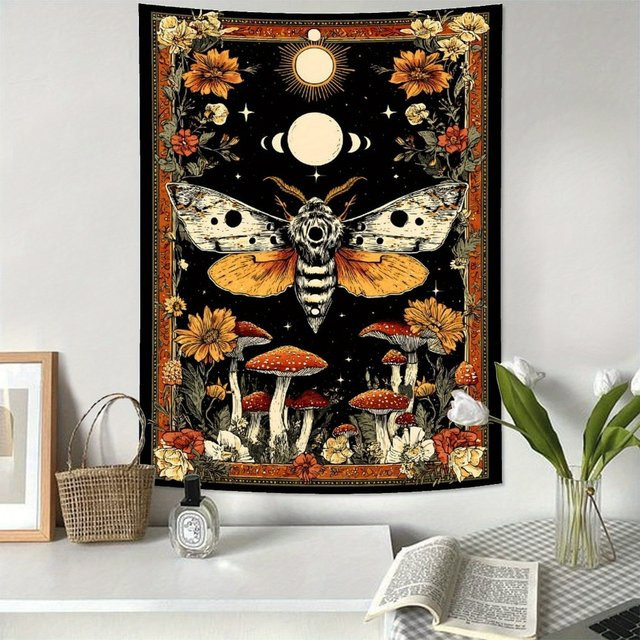 VIKAMA Retro Wandteppich mit Tarot, Motten und Mondphasen in Multicolour, mystischer Wandbehang für dein Schlafzimmer oder Wohnzimmer, B/H: 60 x 40 cm - Bild 1