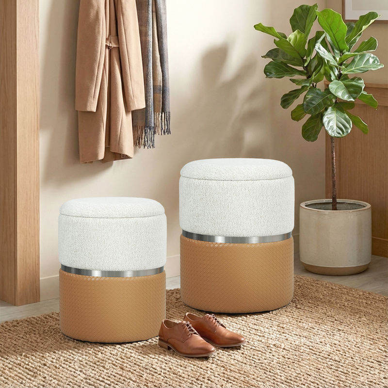 HOMCOM 2er-Set Aufbewahrungspoufs aus Chenille und PU-Leder, runde gepolsterte Sitzbänke für Wohnzimmer, Schlafzimmer oder Flur, Braun und Creme - Bild 2