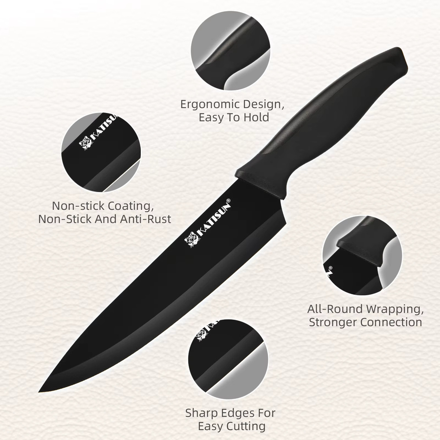 Katisun 15-teiliges Küchenmesser-Set in Schwarz mit rutschfestem Block, deutschem Stahl, Schneidebrett und Messerschärfer inklusive 6 Steakmessern - Bild 5