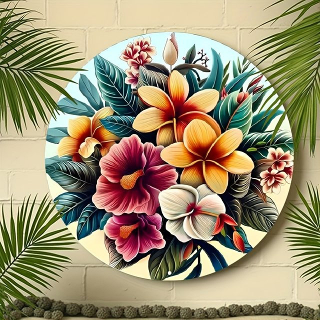 Runde Tropical Flower Wanddekoration von Potdemiel aus Metall in Multicolour mit Hibiskus und Plumeria, Durchmesser: 20 cm - Bild 1