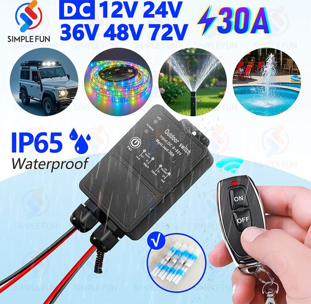 SLMPLEFUN Drahtlose Fernbedienung Schalter 433 MHz mit 30A Relais Modul, Wasserdicht für Außenbereich, Reichweite 50 m, DC 12 V 24 V 36 V 48 V 72 V für LED und Pumpen - Bild 1