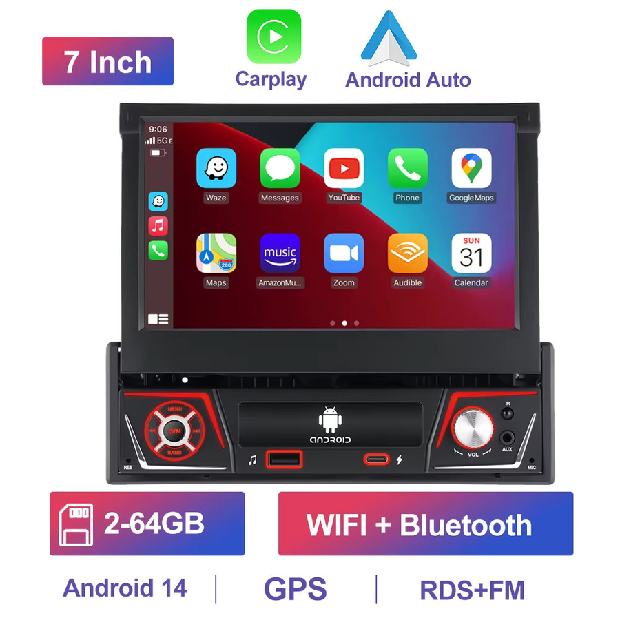 GEARELEC 1-DIN Android Autoradio mit 7 Zoll IPS ausfahrbarem Bildschirm, Carplay, GPS-Navigation und Multimedia-Videoplayer, Schwarz - Bild 3