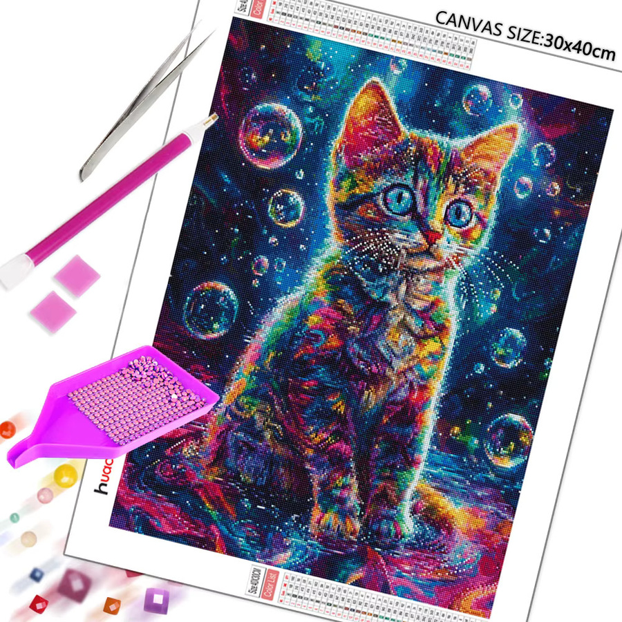 Huacan Diamantmalerei Bunte Katze als Diamant-Mosaik mit runden Steinen, B/H: 20 x 30 cm - Bild 2