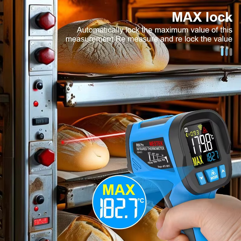 Mestek Digitales Infrarot-Thermometer Blau - Berührungsloses Laser-Temperaturmessgerät mit Pyrometer und Hygrometer für Messbereiche von -50 bis 800 Grad - Bild 4