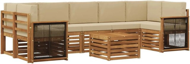 vidaXL Outdoor-Sofagarnitur aus Massivholz Akazie in Natur und Beige, 8-teiliges L-Shape Set mit Polstern und Armlehnen - Bild 1