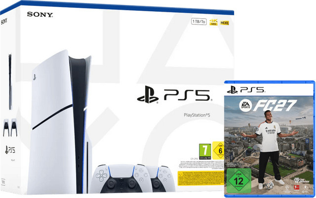 Sony PlayStation 5 Slim mit Laufwerk in Weiß inklusive EA Sports FC 27 und einem zusätzlichen Controller - Bild 1