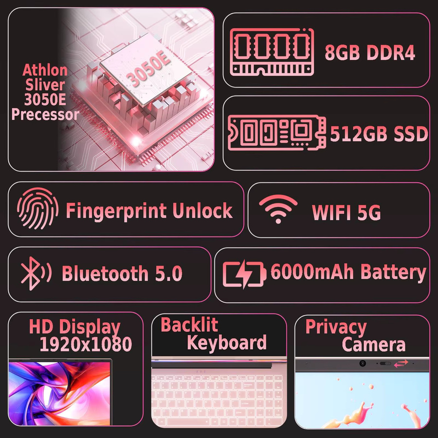 Auusda Laptop 15,6 Zoll in Pink mit 3050e-Prozessor, 8 GB DDR4 RAM und 512 GB SSD, Tastatur mit Hintergrundbeleuchtung und Fingerabdruck-Sensor - Bild 2