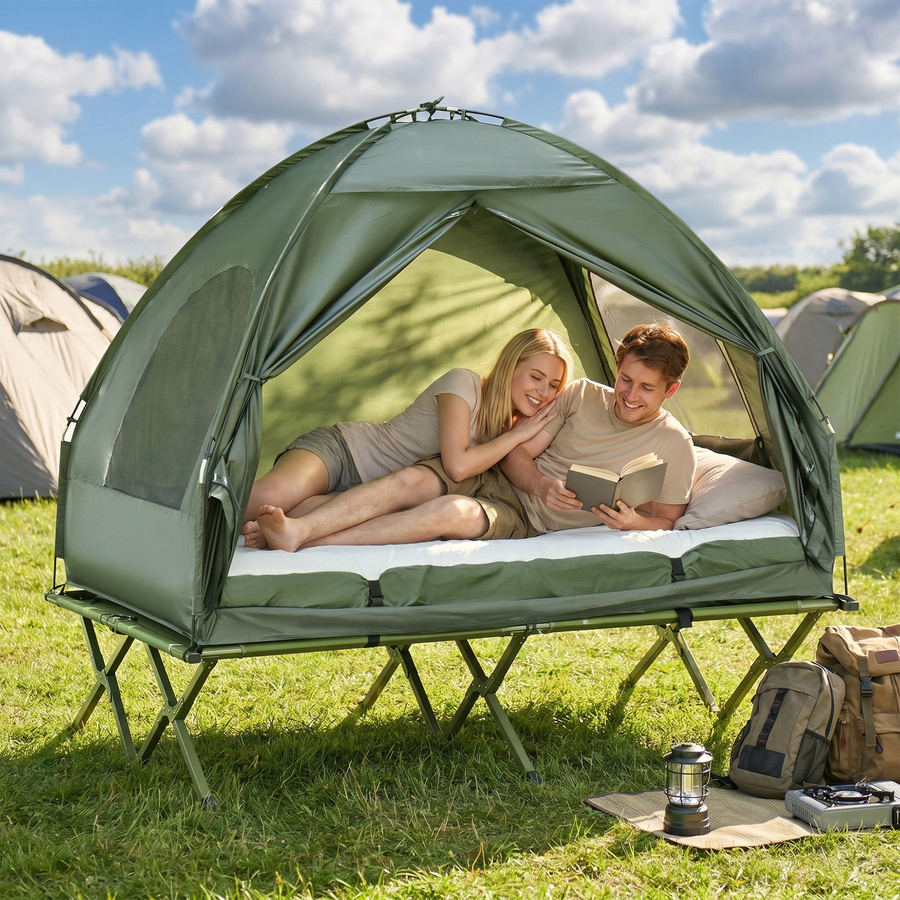 Outsunny Erhöhtes Campingbett mit Kuppelzelt, Luftmatratze und Pumpe, grün, B/T/H: 193 x 136 x 178 cm - Bild 2