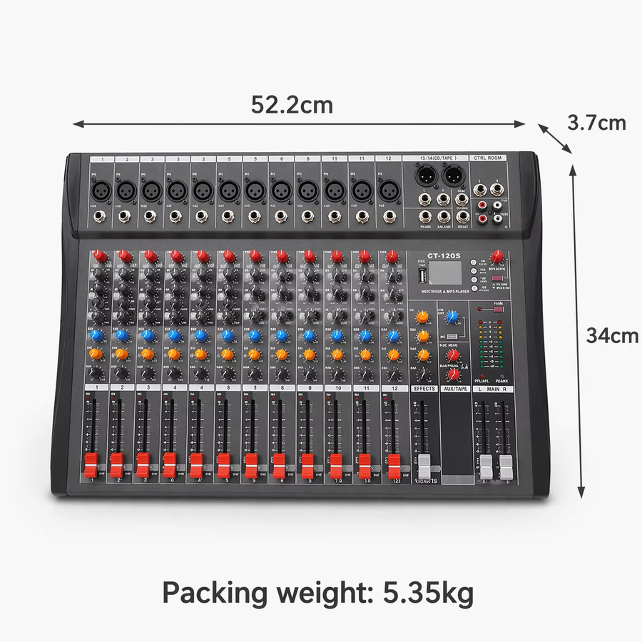 Yamnweo GX12 Professioneller 12-Kanal Audio-Mixer in Schwarz mit Bluetooth, USB MP3-Aufnahme, 3-Band EQ und 48V Phantomspeisung - Bild 2