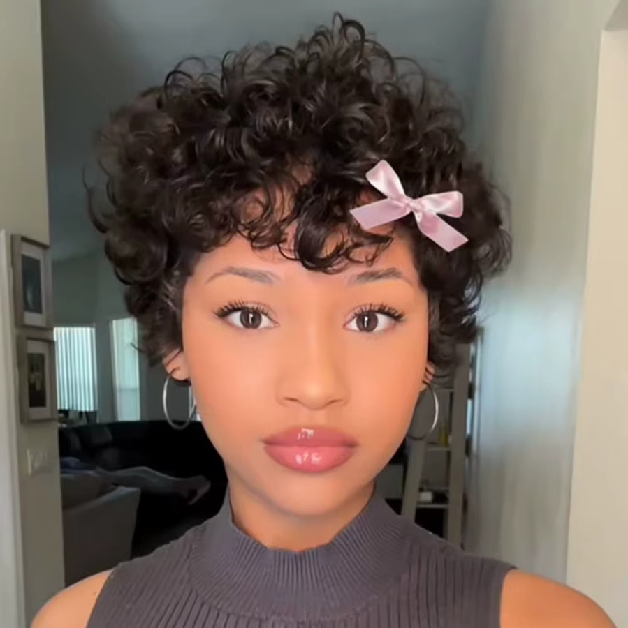 OYM HAIR Pixie-Perücke, Echthaar, lockig, mit Pony, Damen - Bild 5