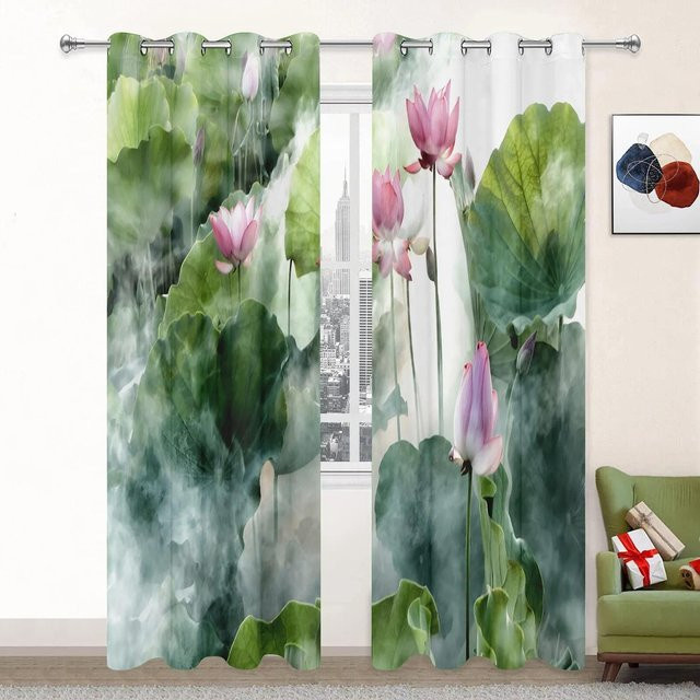 Yiran Furniture Lotus Vorhang mit Landschaftsmotiv, halbtransparent, Mehrfarbig, B: 55 cm, H: 120 cm - Bild 1