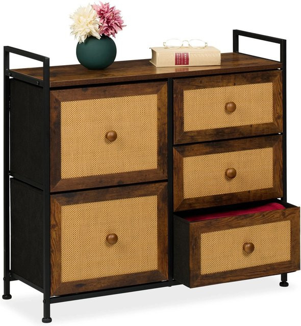 Relaxdays Kommode in Rattan-Optik mit 5 Schubladen aus MDF und Eisen, Braun/Schwarz, B: 77 cm, H: 85 cm, T: 31,5 cm - Bild 1