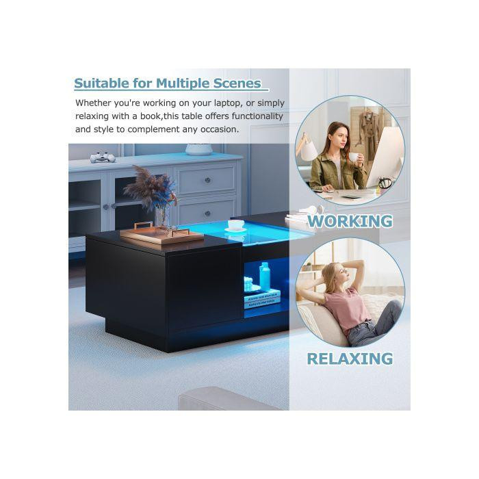 MUVOE Couchtisch in Schwarz mit Glasdeckel, LED-Beleuchtung und modernem Design, B/T/H: 100 x 50 x 35,5 cm - Bild 2