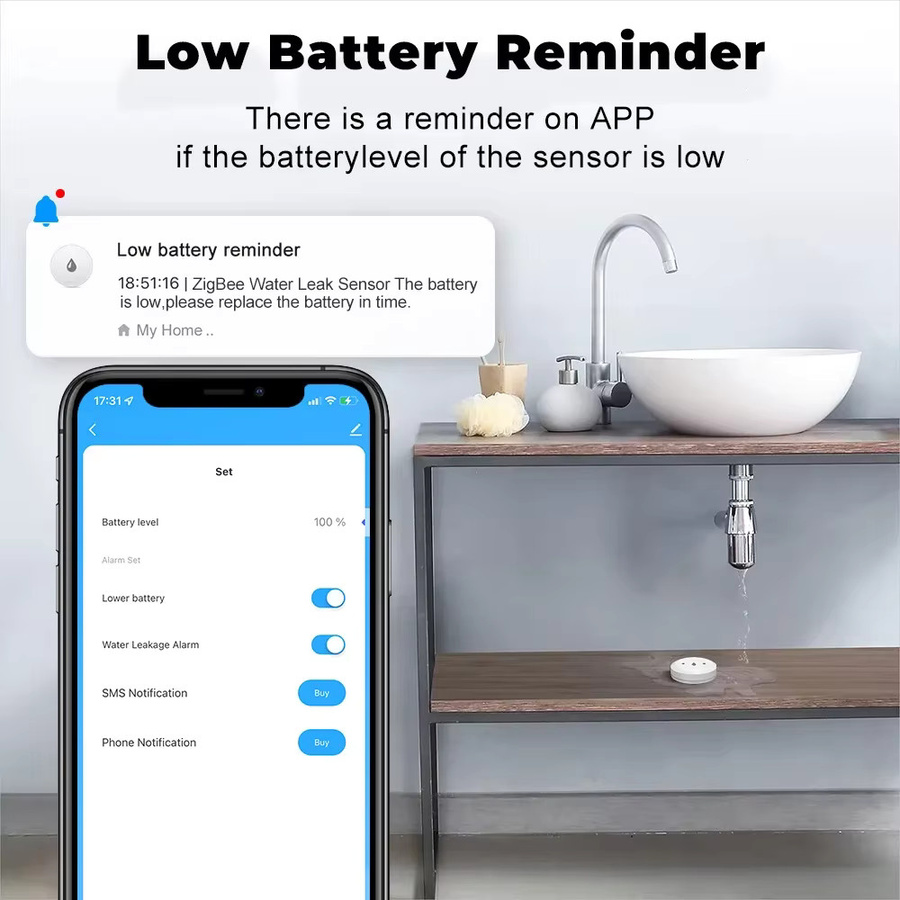 Coolo Zigbee Wasserimmersionssensor als Überschwemmungs- und Leckdetektor in Weiß, kompatibel mit Smart Life Tuya Hub Z2M für App-Alarme in Küche und Bad - Bild 5