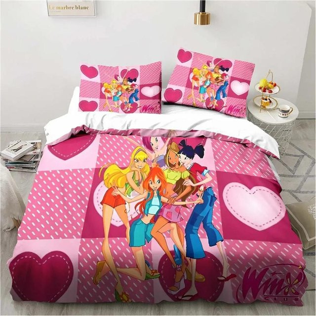 Winx Anime Kawaii Bettwäsche Set aus Mikrofaser in Pink, bestehend aus Bettbezug und Kissenbezügen, B/T/H: 155 x 220 cm - Bild 1