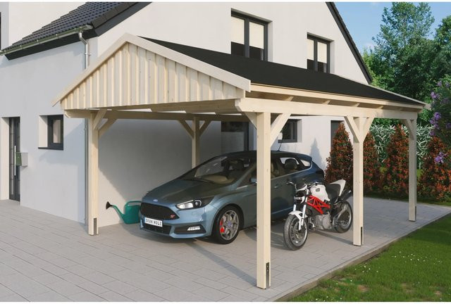Skan Holz Carport Fichtelberg aus Fichten-Leimholz mit spitzer Dachform und schwarzen Dachschindeln, Farbe: beige, B/T/H: 423 x 566 x 326 cm - Bild 1