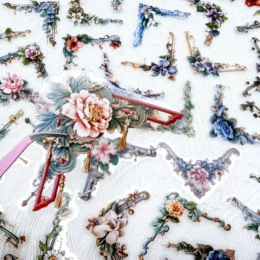50 Stück Retro Blumen Rahmen PET Aufkleber in Transparent und Multicolour für DIY Dekoration von Laptop, Notebook und Telefon - Bild 2