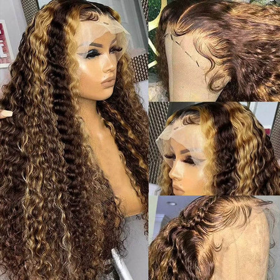Honigblonde Ombre Lace Front Perücke, Echthaar, Deep Wave, Lockiges Haar - Bild 2
