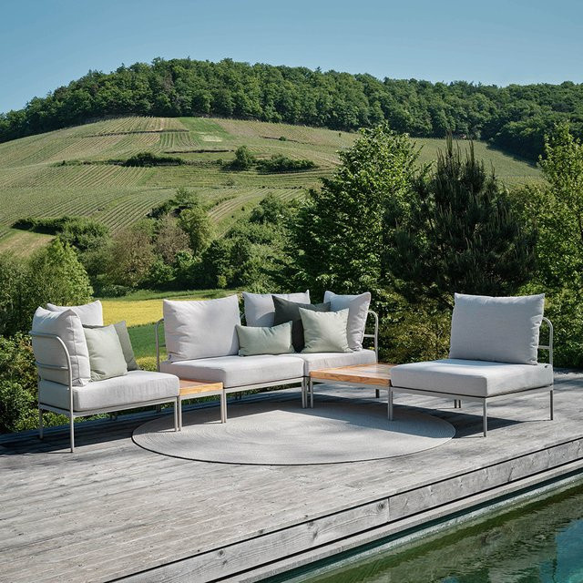 Stern Coco Loungeset Greige 6-teilig mit 2 Beistelltischen aus Aluminium und Teak mit Polstern für Garten und Terrasse - Bild 1