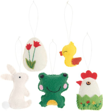 Rico Design Oster-Aufhänger aus Filz mit 5 2D Figuren: Ei, Küken, Hase, Frosch und Huhn