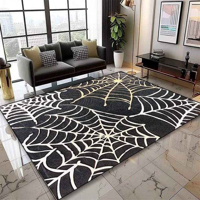 Karpetti Spinnennetz-Teppich in Schwarz, geometrisches Design, rutschfest und waschbar, B/T: 60 x 90 cm - Bild 1