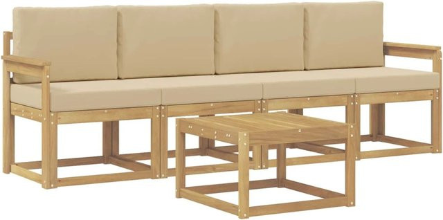 vidaXL Outdoor-Sofagarnitur aus Akazienholz mit 3-Sitzer-Sofa, Couchtisch und 5 Kissen in Weiß und Beige - Bild 1