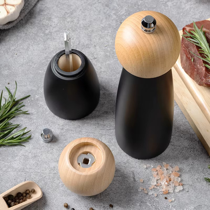 Manuelle Pfeffermühle aus Holz von Venlohome in Schwarz mit verstellbarem Keramik-Mahlwerk für Gewürze und Meersalz - Bild 4