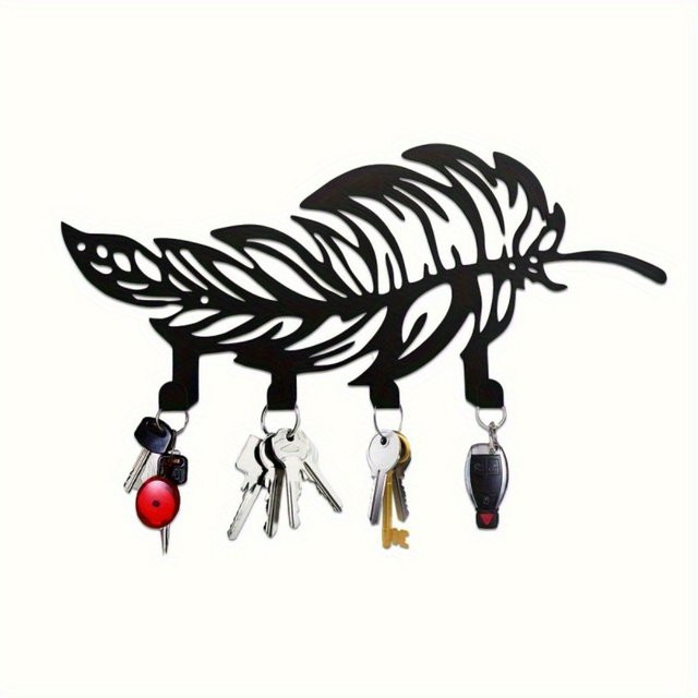 CIFBUY Wanddekoration und Schlüsselhalter aus Metall mit Feder-Motiv in Schwarz im Boho-Stil - Bild 1