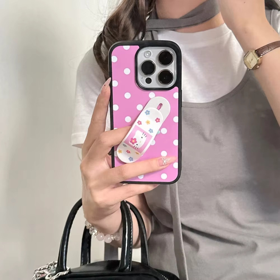 Sanrio Hello Kitty Handyhülle mit Polka Dot Design und integriertem Ständer für iPhone 16 15 14 13 Pro Max, stoßfestes Hardcover, Pink - Bild 2