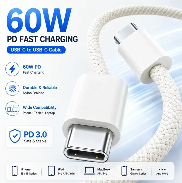 Parallel World USB-C zu USB-C Ladekabel mit 60W Schnellladefunktion, weißes geflochtenes PD-Kabel für iPhone 15 16, iPad, MacBook und Samsung - Bild 1