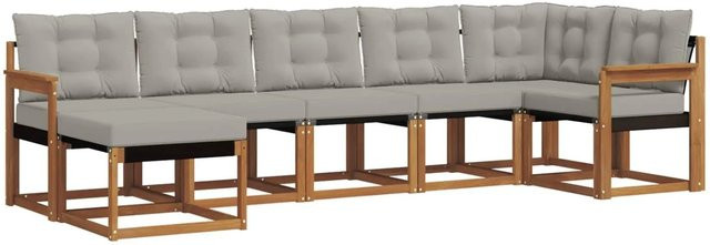 vidaXL Outdoor-Sofagarnitur 7-teilig aus Akazienholz und Textilene in Natur und Hellgrau mit Kissen und Armlehnen - Bild 1