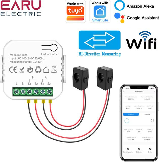 EARU WiFi Smart PV-Solar-Energiemessgerät mit Tuya App, einphasiger 1-2-Kanal bidirektionaler Strom-Spannungs-kWh-Monitor in Weiß - Bild 1