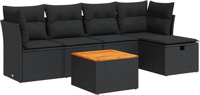 vidaXL 6-teilige Garten-Sofagarnitur in L-Form aus Poly-Rattan und Akazienholz mit Kissen in Schwarz - Bild 1