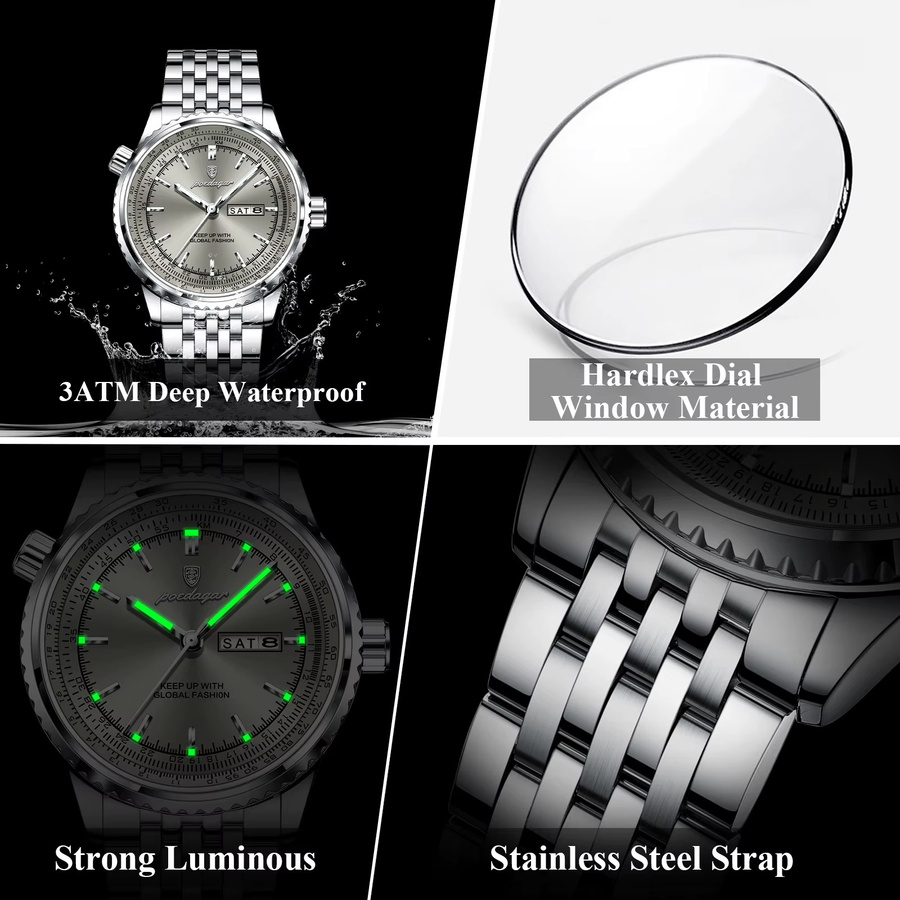 POEDAGAR Armbanduhr Quarz, Edelstahl, Silber, Datum, Wochentag, Herren - Bild 4