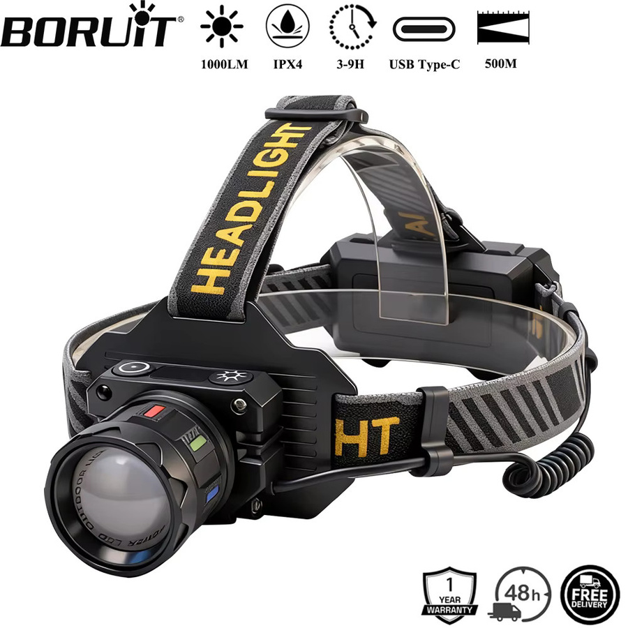 BORUiT LED Stirnlampe mit Bewegungssensor und Zoom, 1000 Lumen, wiederaufladbar via Typ-C, wasserdicht, Schwarz - Bild 2