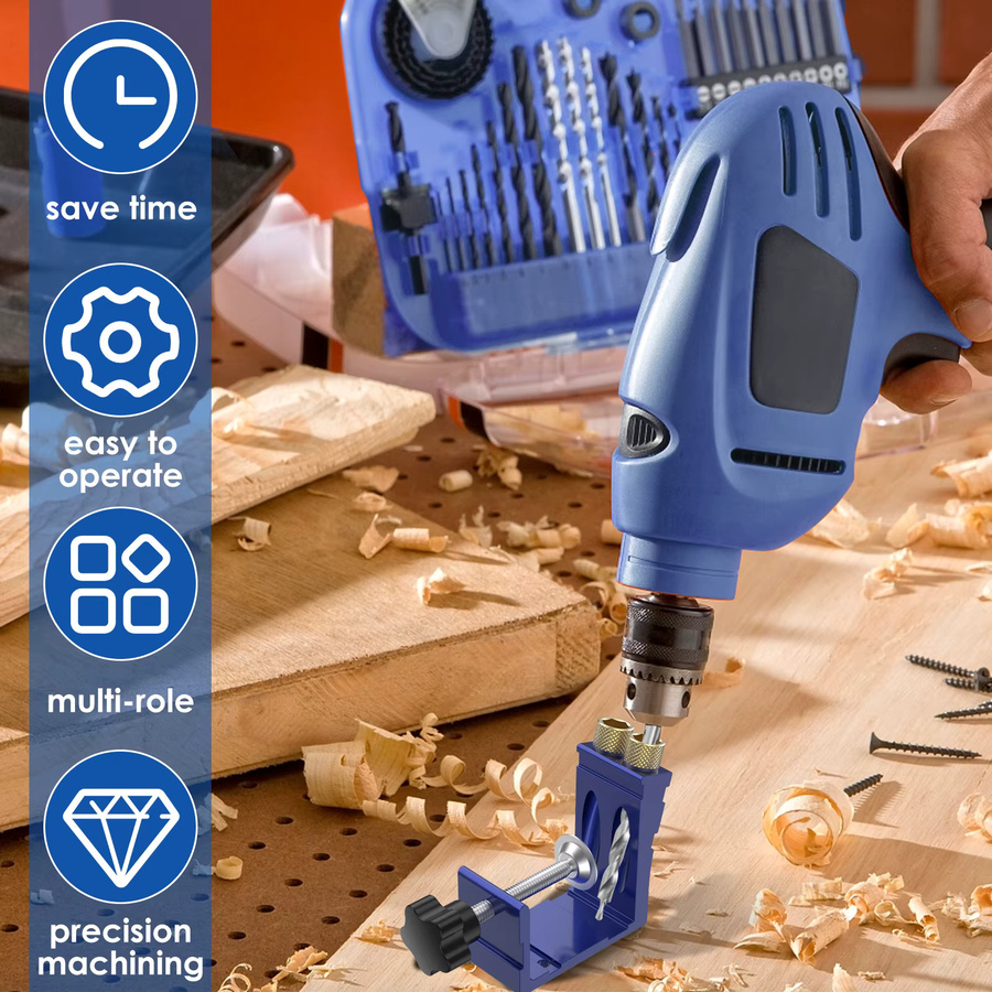 Toorise Pocket Hole Jig Einstellbarer Bohrer-Positionierer mit 15-Grad-Winkellochbohrer-Führungsset für Holzbearbeitung in Blau - Bild 2
